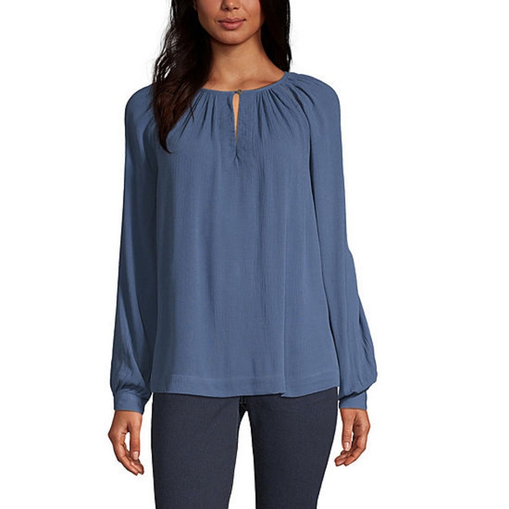 a.n.a Womans Keyhole Neck Long Sleeve Peasant Top